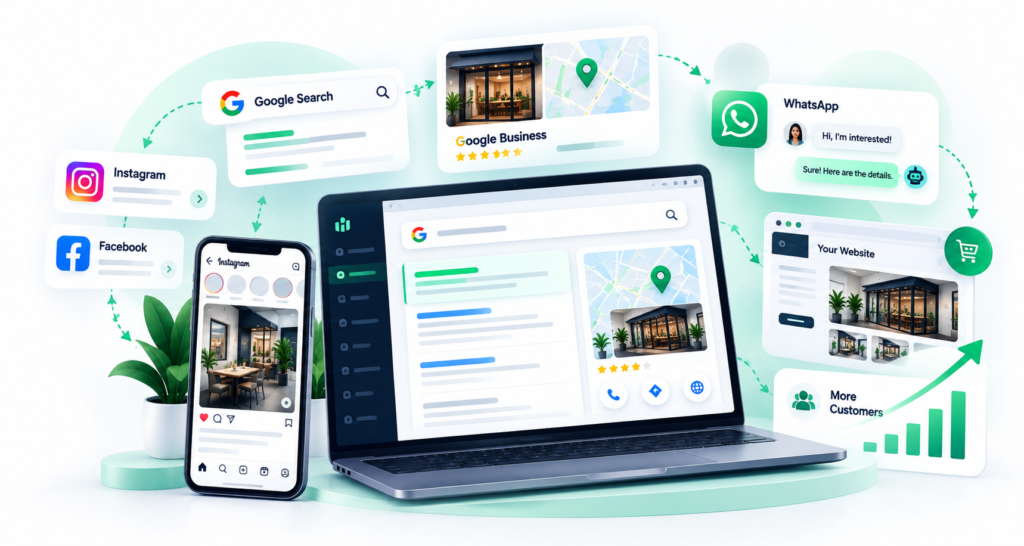 Customers searching for local businesses online on Google, Instagram and WhatsApp