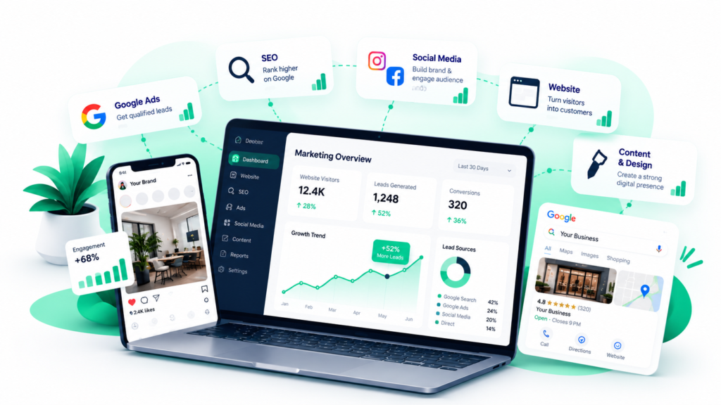 Digital marketing services from D&D Marketing Hub: SEO, ads, social media and websites
