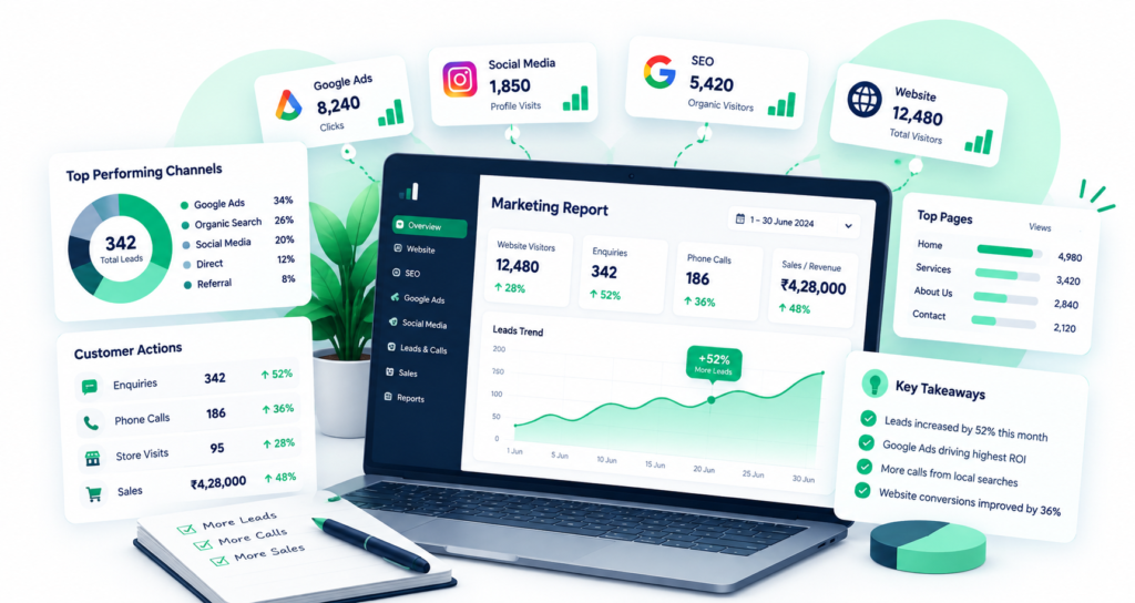 Plain-language marketing report showing enquiries, calls and sales